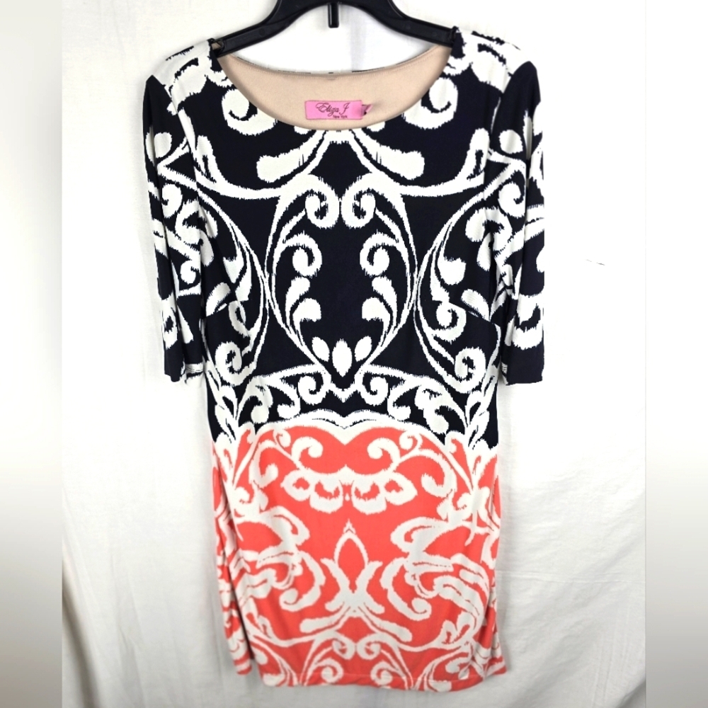 Eliza J Black and Peach Patterned Short Sleeve Shift Dress Sz 2